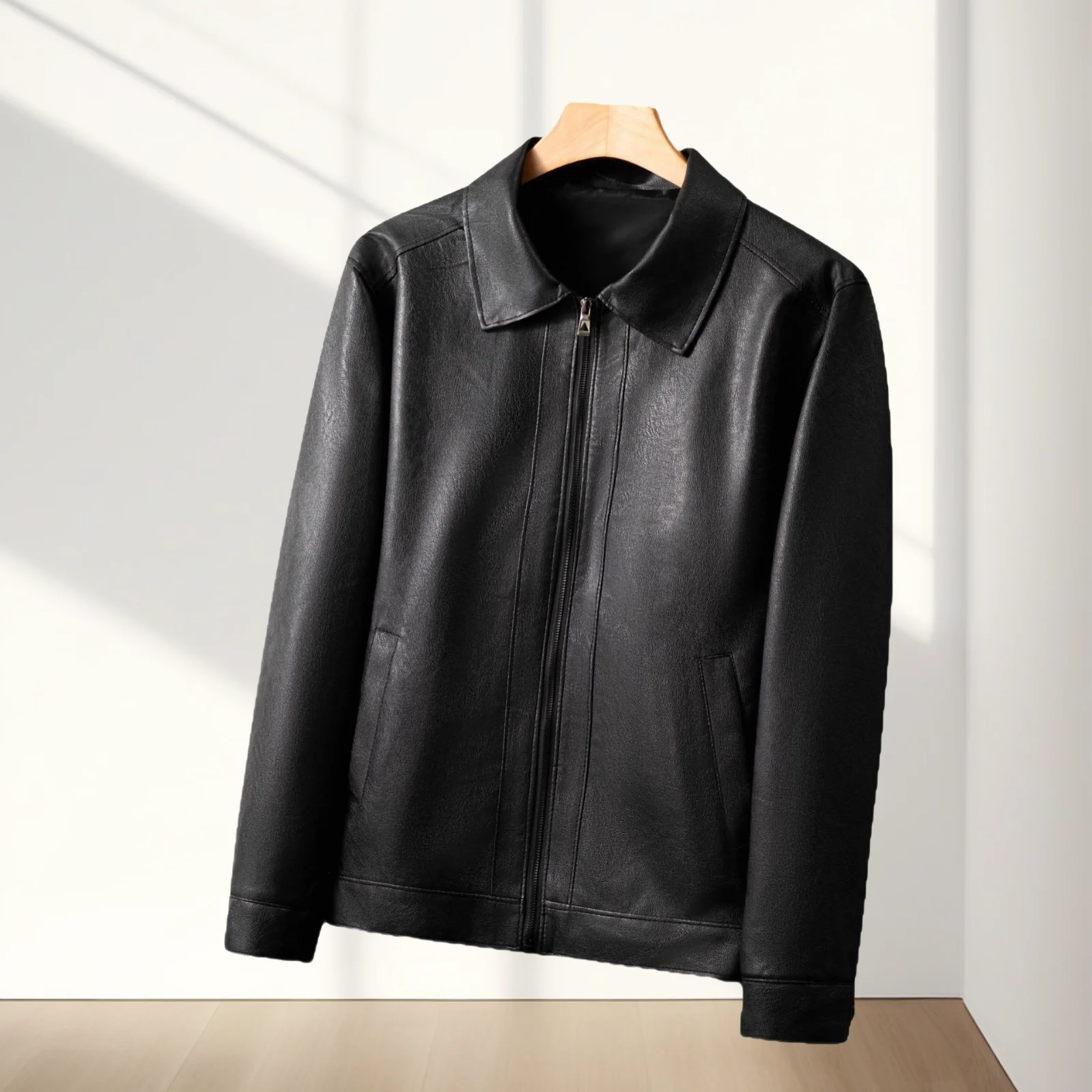 Klassische einfache Revers-Stil junge und mittlere Herren Business Casual Reißverschluss Pu-Lederjacke Herren dünnes Vier-Jahreszeiten-Leder J Image
