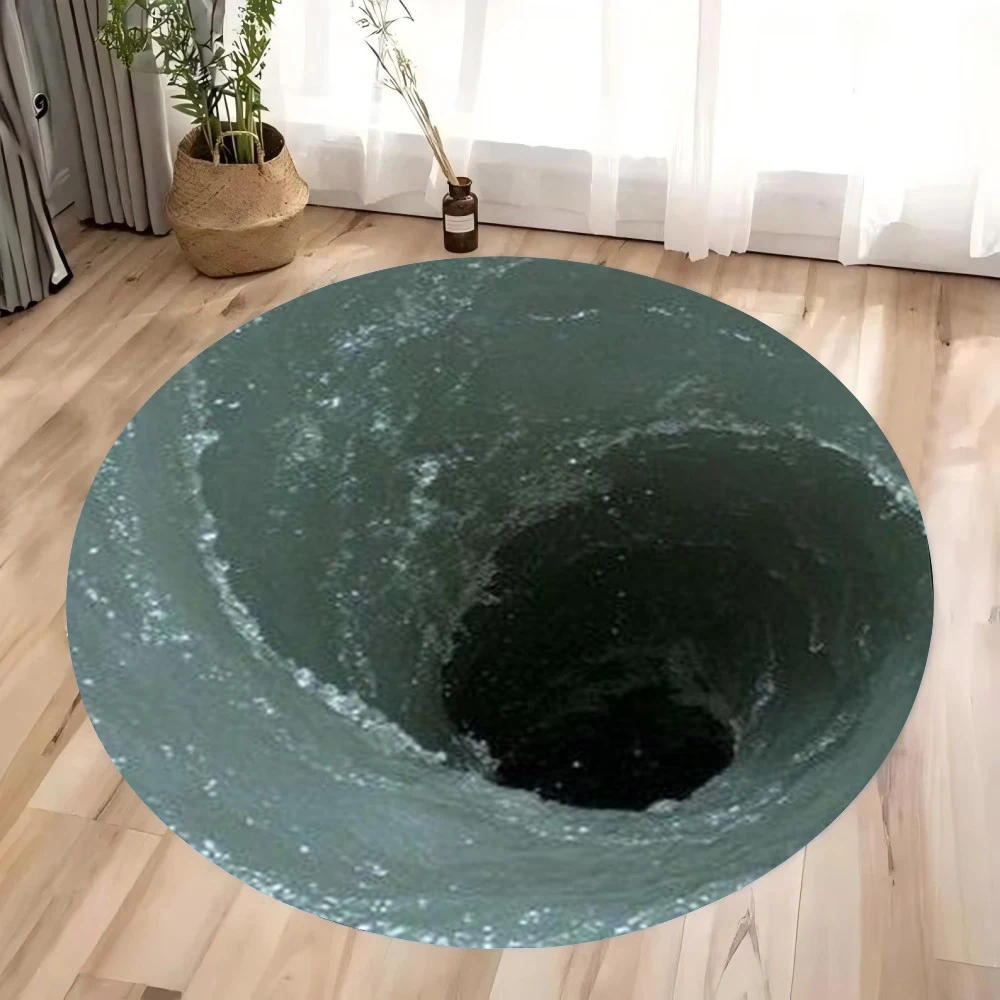 3D-Illusion-Meisterwerke, runde Teppiche, große Risse und Tiefloch-Designs, atemberaubende optische Täuschungsteppiche sehen Crack-Fußmatten aus Image
