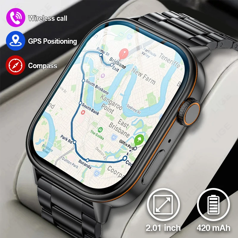 LIGE Neue GPS Track Smart Uhr Männer 2,01 "HD Bildschirm Bluetooth Anruf Armbanduhr Wasserdicht Kompass Outdoor 420 mAh Frauen smartwatch Image
