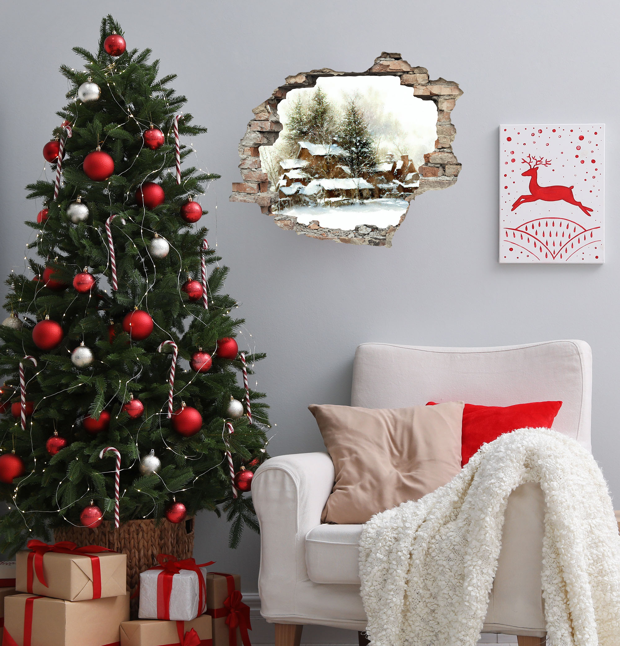 3D-Wandtattoo QUEENCE "Häuserlandschaft im Schnee", weiß, B:60cm H:50cm T:0,3cm, Vinyl, Wandtattoos, selbstklebender Wandsticker Weihnachten Image