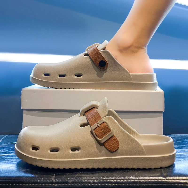 HKDQ Khaki Halbe Hausschuhe Herren Hausschuhe Mode Schnalle EVA Rutschen Männer Pantoletten Leichte Bequeme Indoor Outdoor Slip-on Schuhe