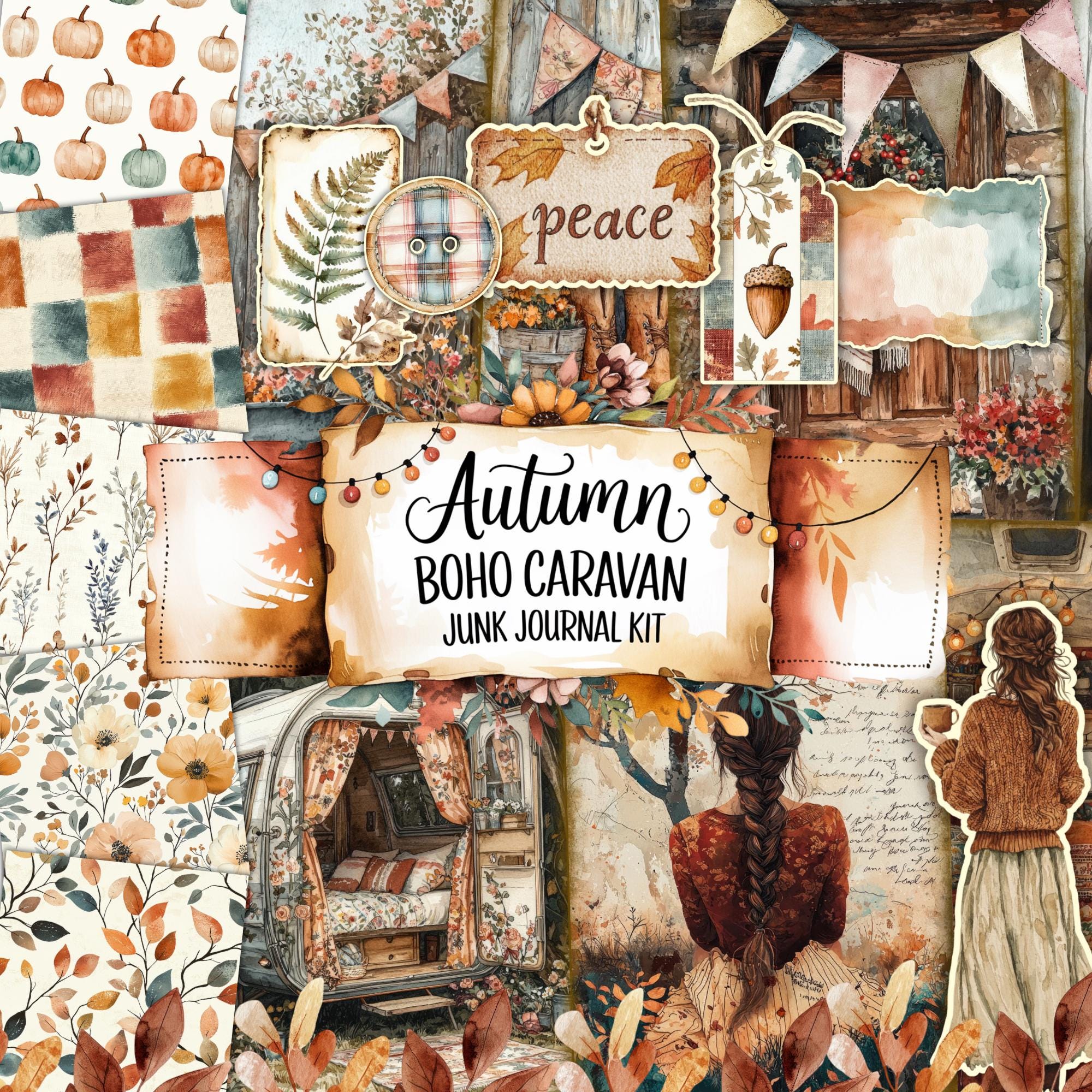 Kit diario autunnale Boho Caravan Junk stampabile / Pacchetto di carta effimera autunnale / Pagine di diario vintage Cozy Junk / Download digitale Boh