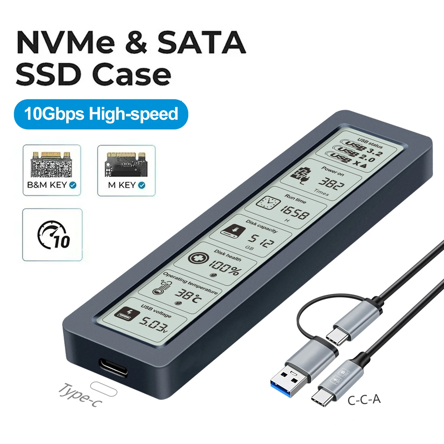 M.2 NVMe SATA SSD-Gehäuse Visuelles Smart SSD-Gehäuse USB 3.2 Gen 2 10 Gbit/s SSD-Adapter für PC NVME PCIE NGFF SATA SSD-Disk-Box Image