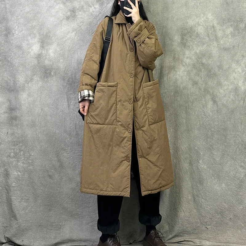 Damen-Jacke, mittellang, mit Baumwolle gepolstert, Wintermäntel, lässig, Maxi-Umlegekragen, lange Ärmel, große Taschen, verdickter Parkas-Mantel Image