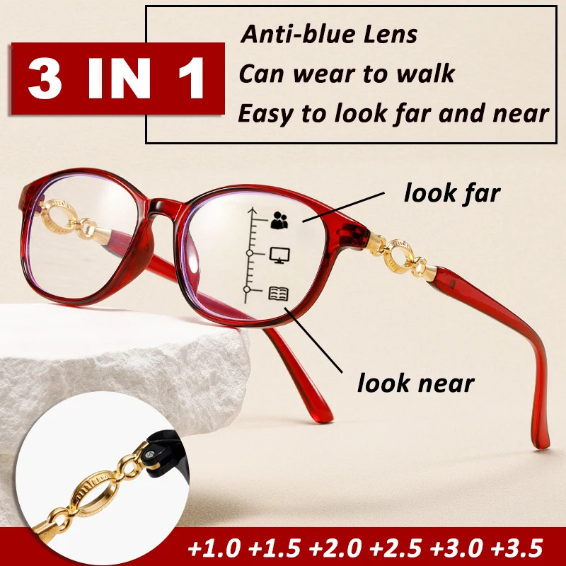 (3-in-1-Funktion) Multifokale Lesebrille, einfach weit und nah aussehen, ultraleichter PC-Rahmen, Presbyopie-Brille für Damen Image