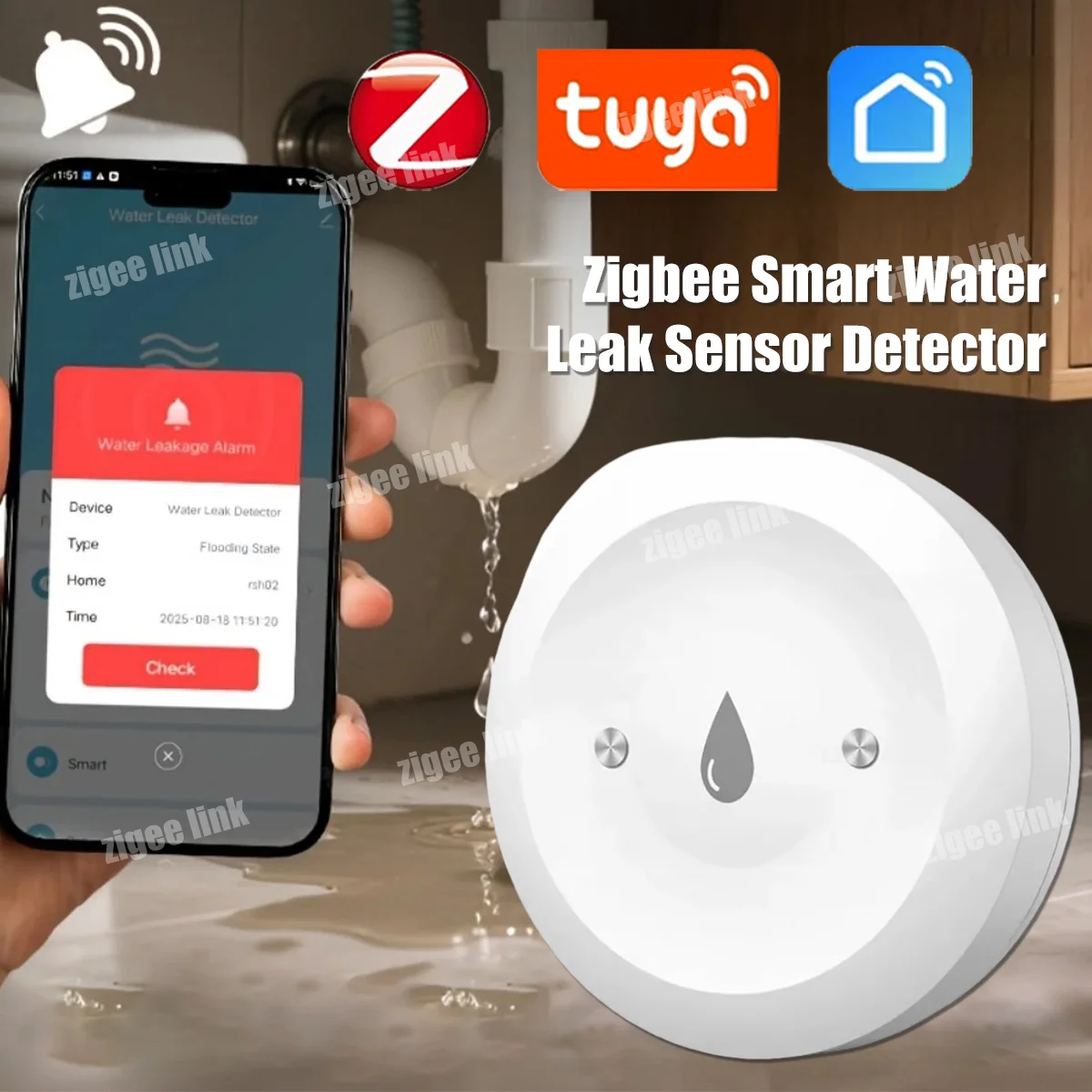 Smart Wasserlecksensor ZigBee 3.0 Überschwemmungsdetektor Wasserleckalarm Tuya Smart Life App Fernüberwachung Image