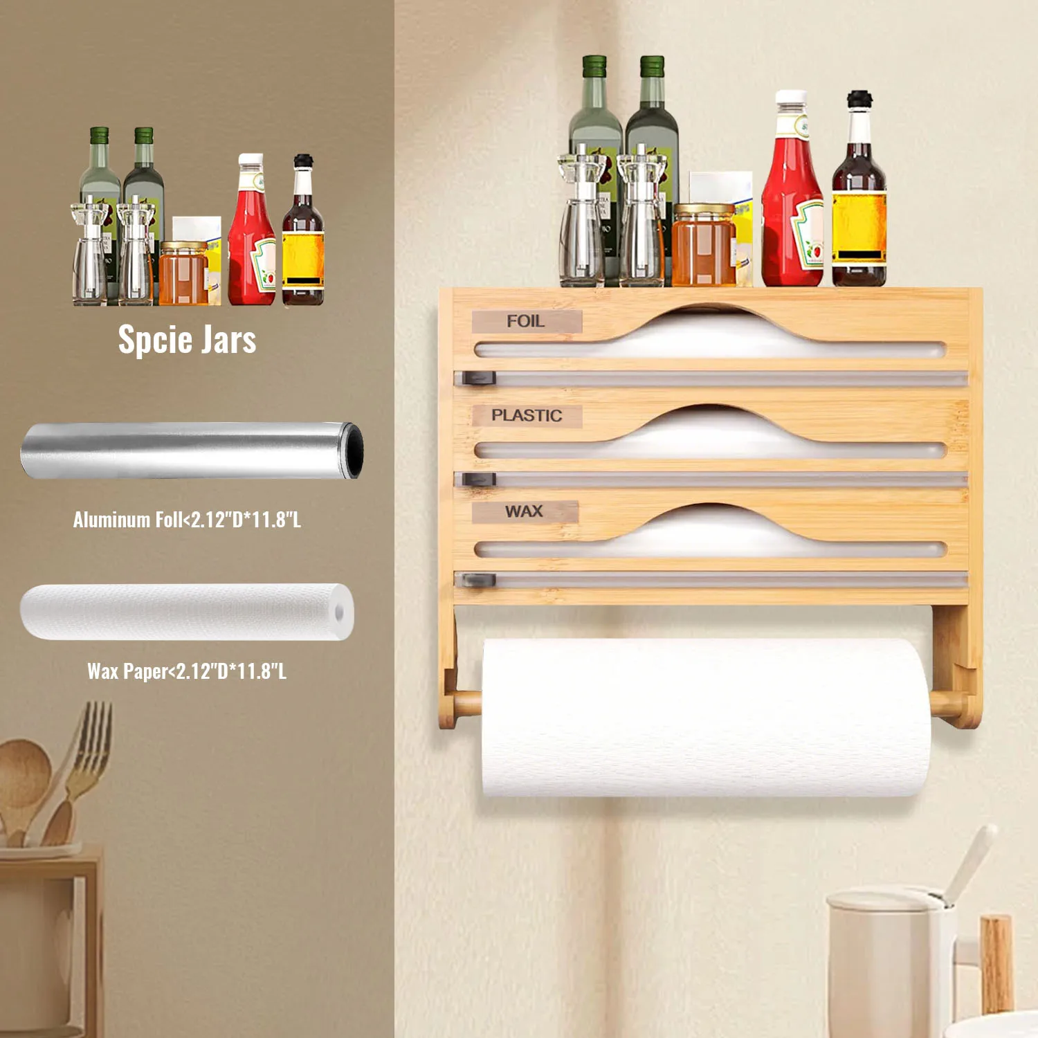 Distributeur d'emballage de cuisine avec boîte de coupe de feuille et de Film alimentaire, porte-papier de cuisine, support de coupe de sac frais en bambou, organisateur de cuisine