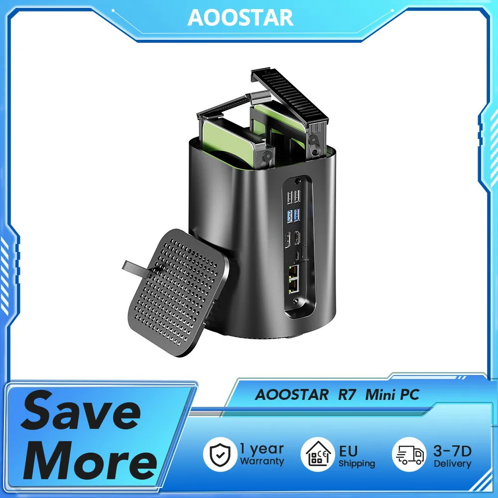 AOOSTAR R7 mini PC-AMD Ryzen 7 5825U, SSD 1 To, 32 Go DDR4, 2*22 To, HDMI + DP + type-c triple écran 4K, Audio Ja 3,5 mm/ WIFI 6