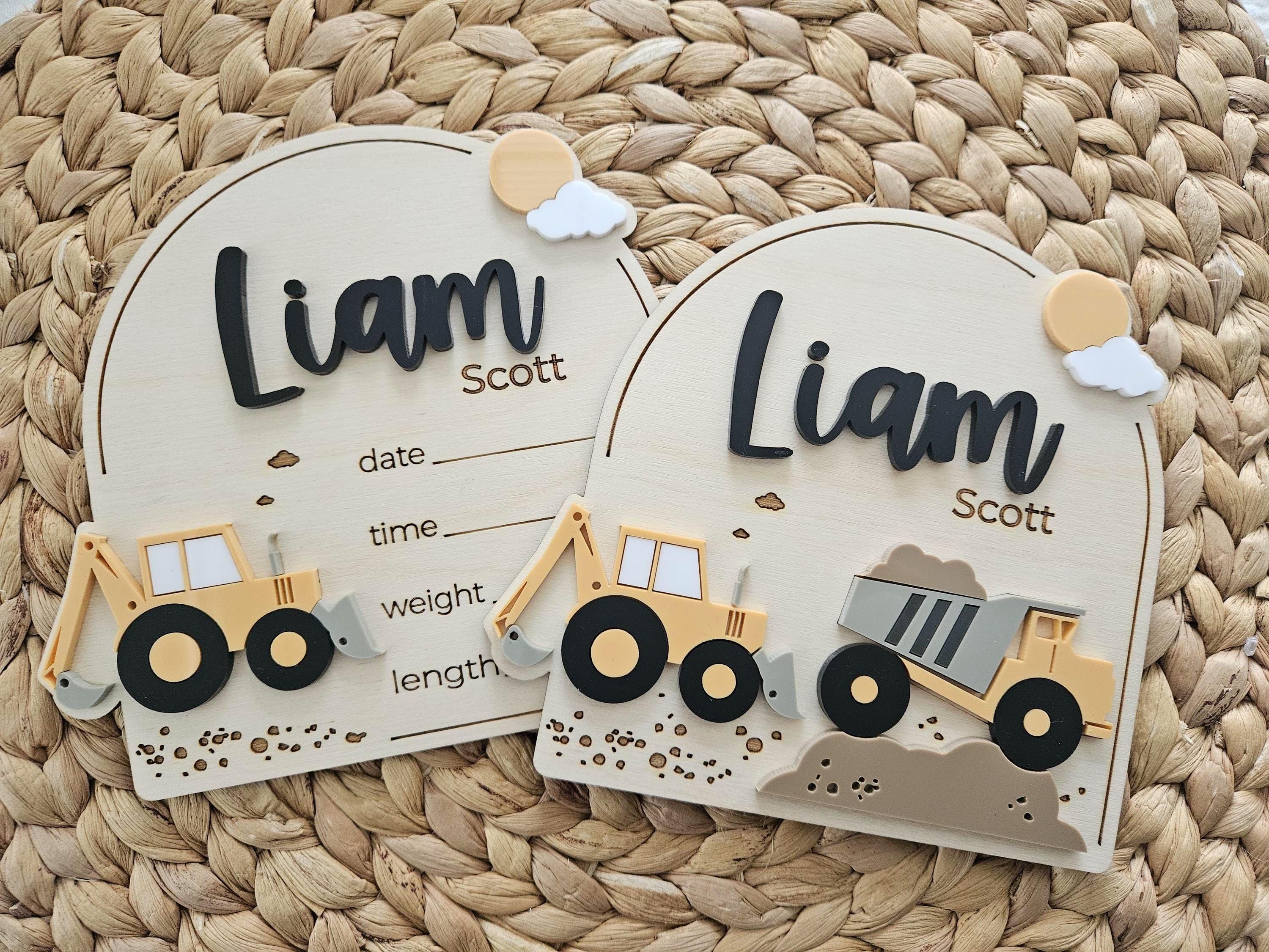 Targa con nome per neonato Digger Construction / Targa con nome per annuncio di nascita / Targa con nome per ospedale Arch Baby Arrival / Targa con im