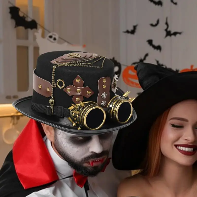 Steampunk Zylinder für Männer Cosplay Halloween Kostüm Kopfbedeckung Hut mit abnehmbarer Schutzbrille Kostüm Männer Steampunk Dress Up Image