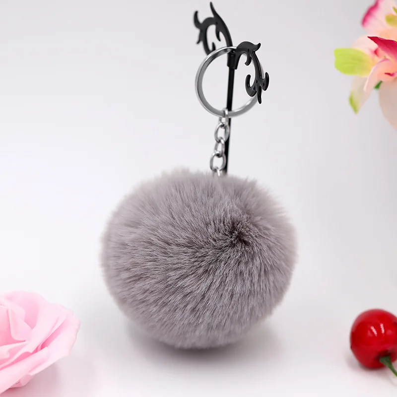 8CM Flauschige Kaninchen Fell Ball Schlüssel Kette Nette Candy farben Pompom Künstliche Kaninchen Fell Keychain Frauen Auto Tasche Schlüssel ring Image
