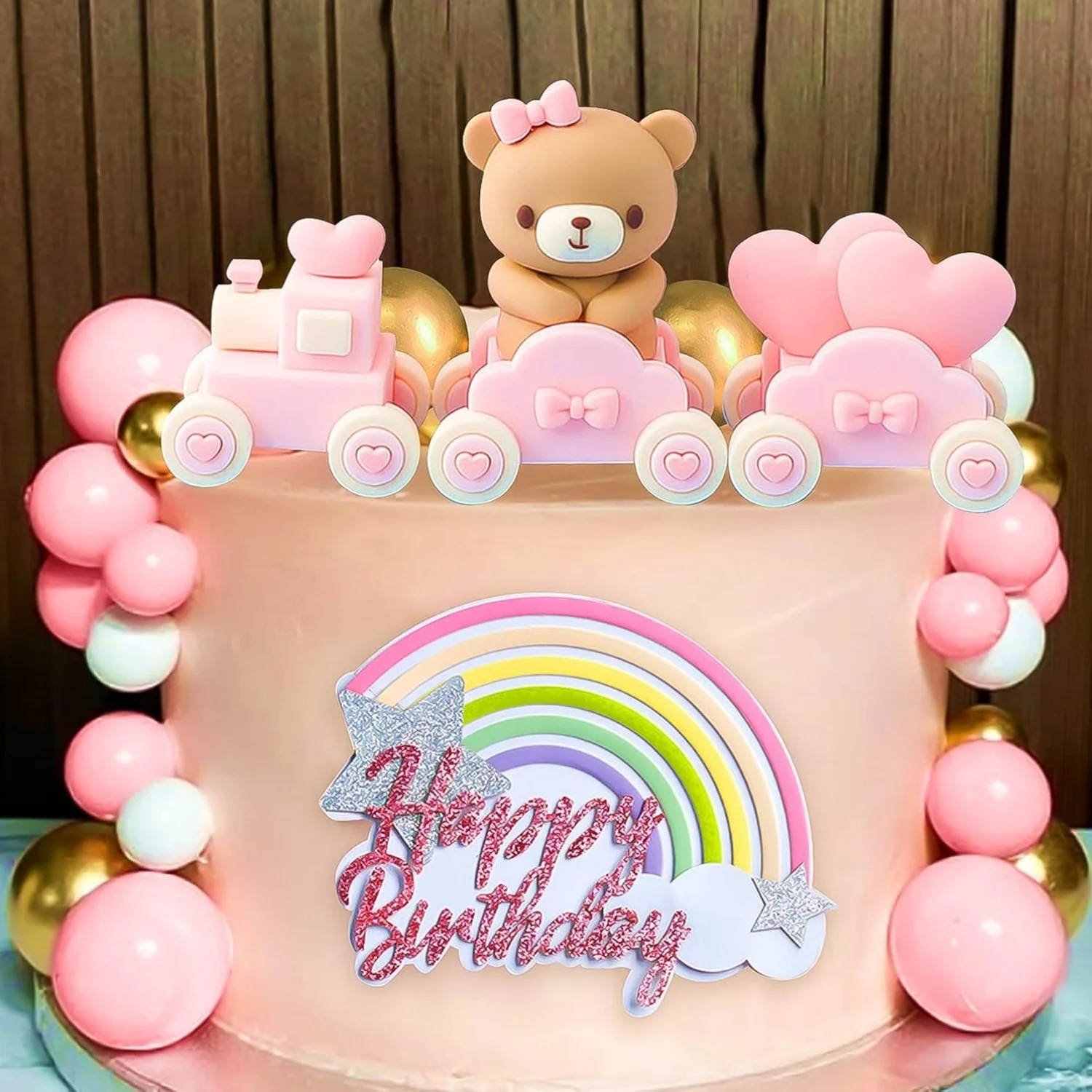LaVenty Rosa Teddybär Tortendeko Taufe Junge Tortendeko Mädchen 1 Jahr Rosa Tortendeko Zug Teddybär Kuchendekoration Image
