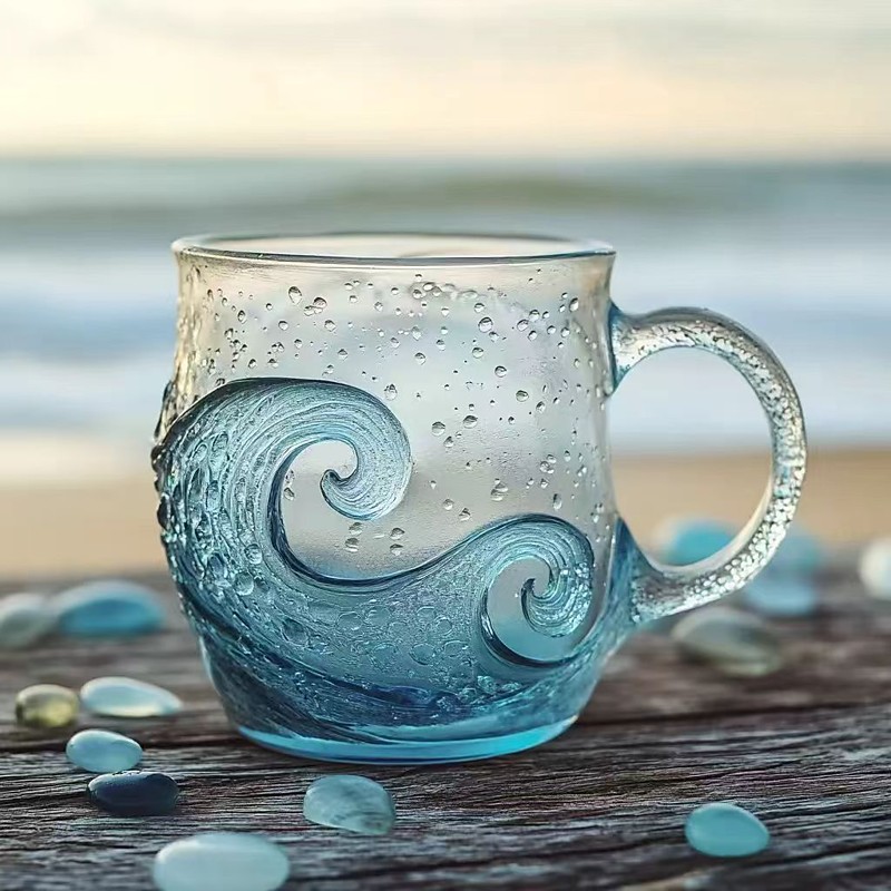 Sea Glass Wave Mug, 12 oz Handmade Oceans Wave Glass Coffee Cup, Oceans Waves Coffee Mugs with Insulated Handle, Creative Sea Waves Texture Drinking Tea Cup, for Hot Cold Drinks