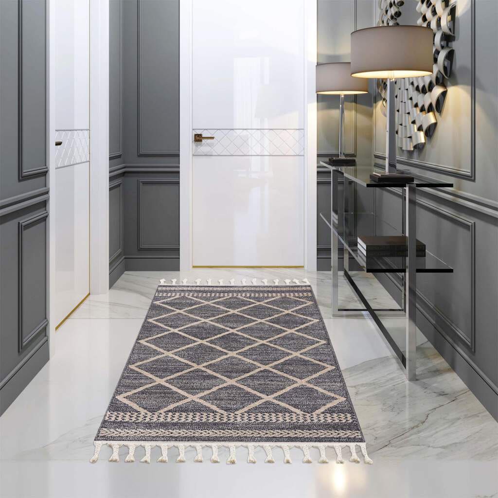 Teppich CARPET CITY "Art 2645", grau, B:80cm H:7mm L:300cm, Polypropylen, Teppiche, Fransenteppich, Läufer, Kurzflor, mit Kettfäden, Rauten-Optik Image