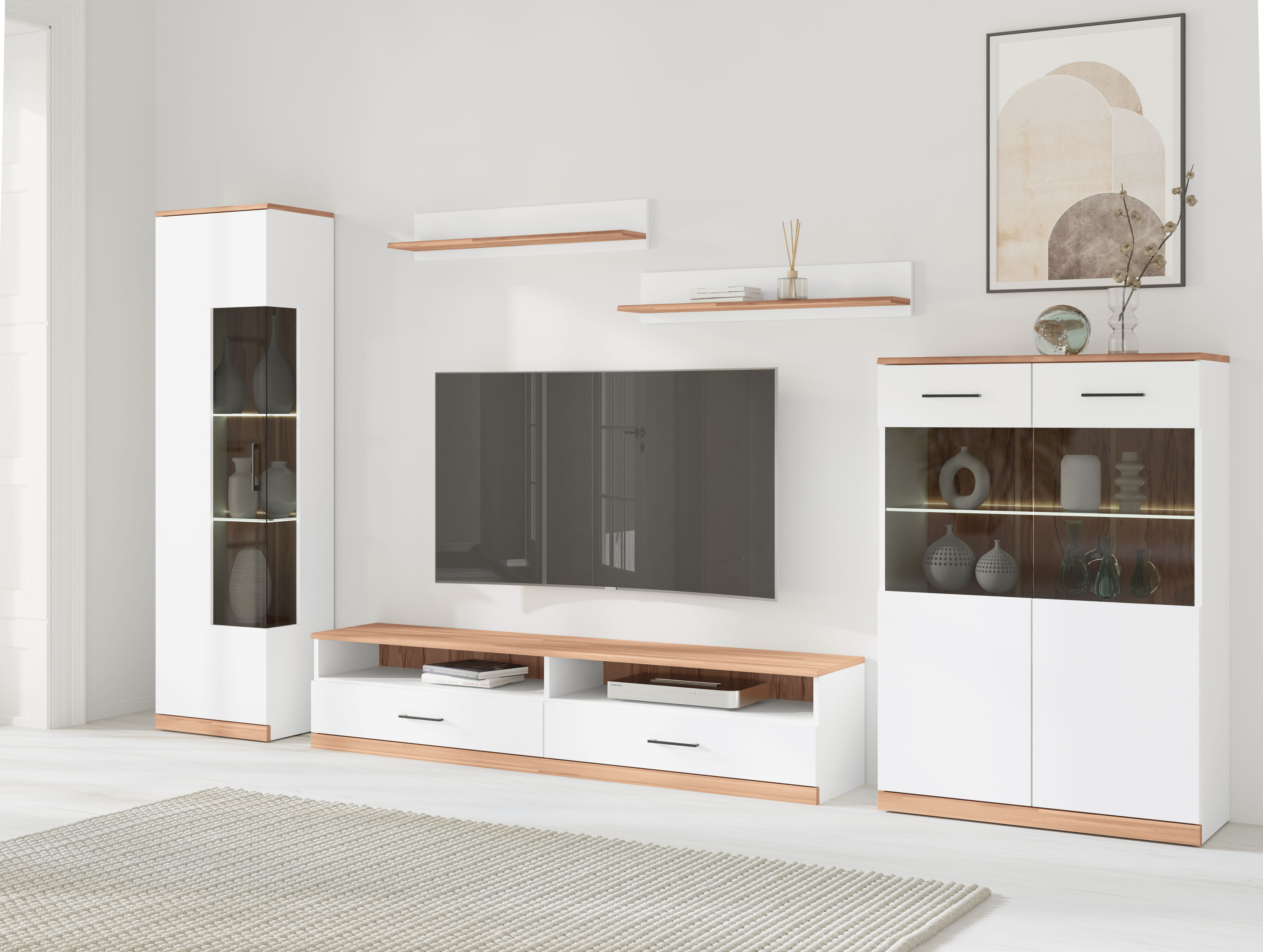Wohnwand HOME AFFAIRE "Ribe Wohnwand Set-5 St.", weiß (weiß, kernbuche), Holz teilmassiv, Kastenmöbel-Sets, Holz Wohnwände Wohnwand, Glaseinsatz aus gehärtetem Glas,Böden teilweise versetzbar
