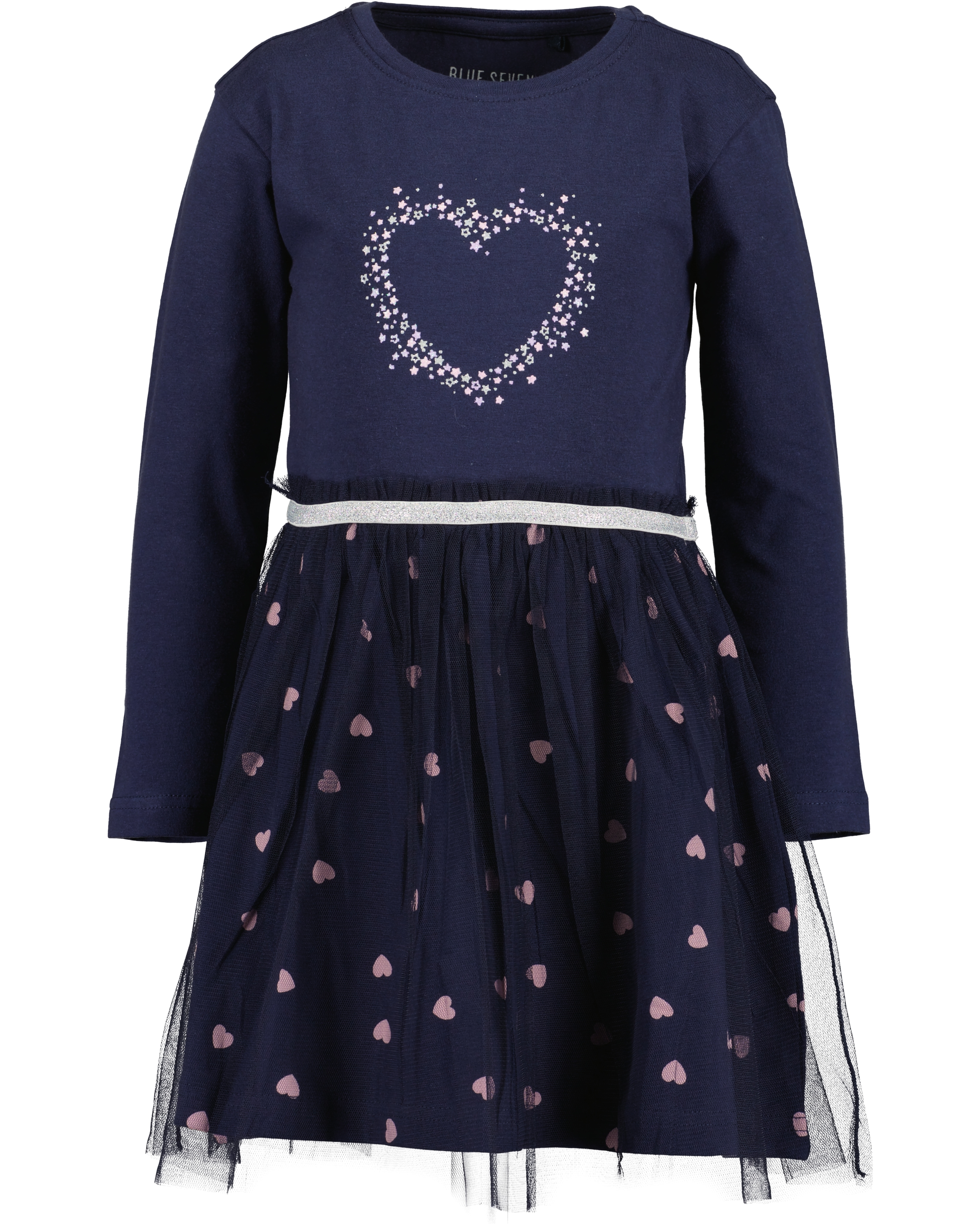 Jerseykleid BLUE SEVEN, Mädchen, Gr. 98, N-Gr, ultramarin, Jersey, Obermaterial: 95% Baumwolle, 5% Elasthan, bedruckt, regular fit kniebedeckend, Rundhals, abgesteppte Kante, Kleider, mit tollen Herzchen-Prints und aufgesetztem Tüll-Überrock Image
