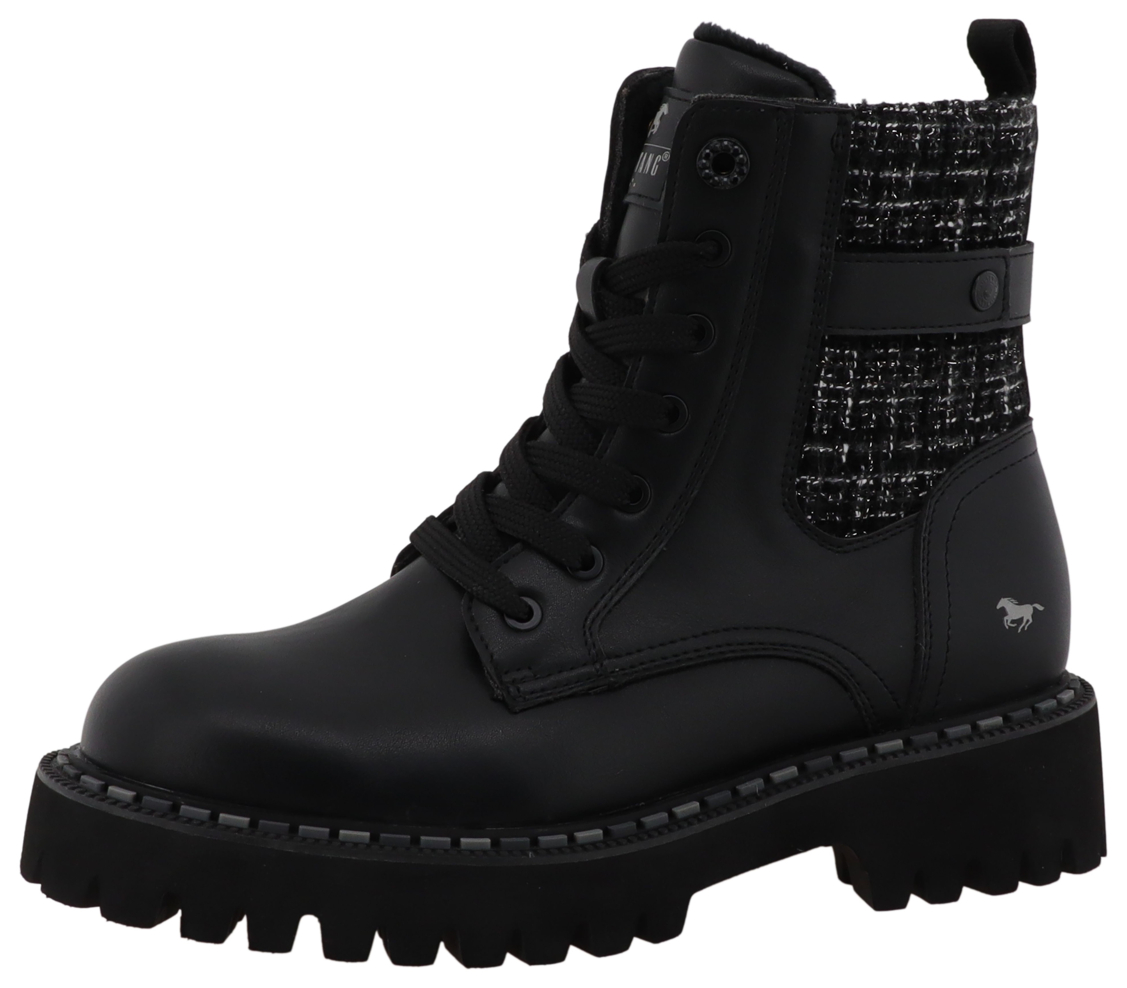 Winterboots MUSTANG SHOES "Tilda", Damen, Gr. 38, schwarz, Lederimitat, Textil, kariert, Schuhe Winterboots, Plateauboots, Winterboots mit Chunky Plateausohle