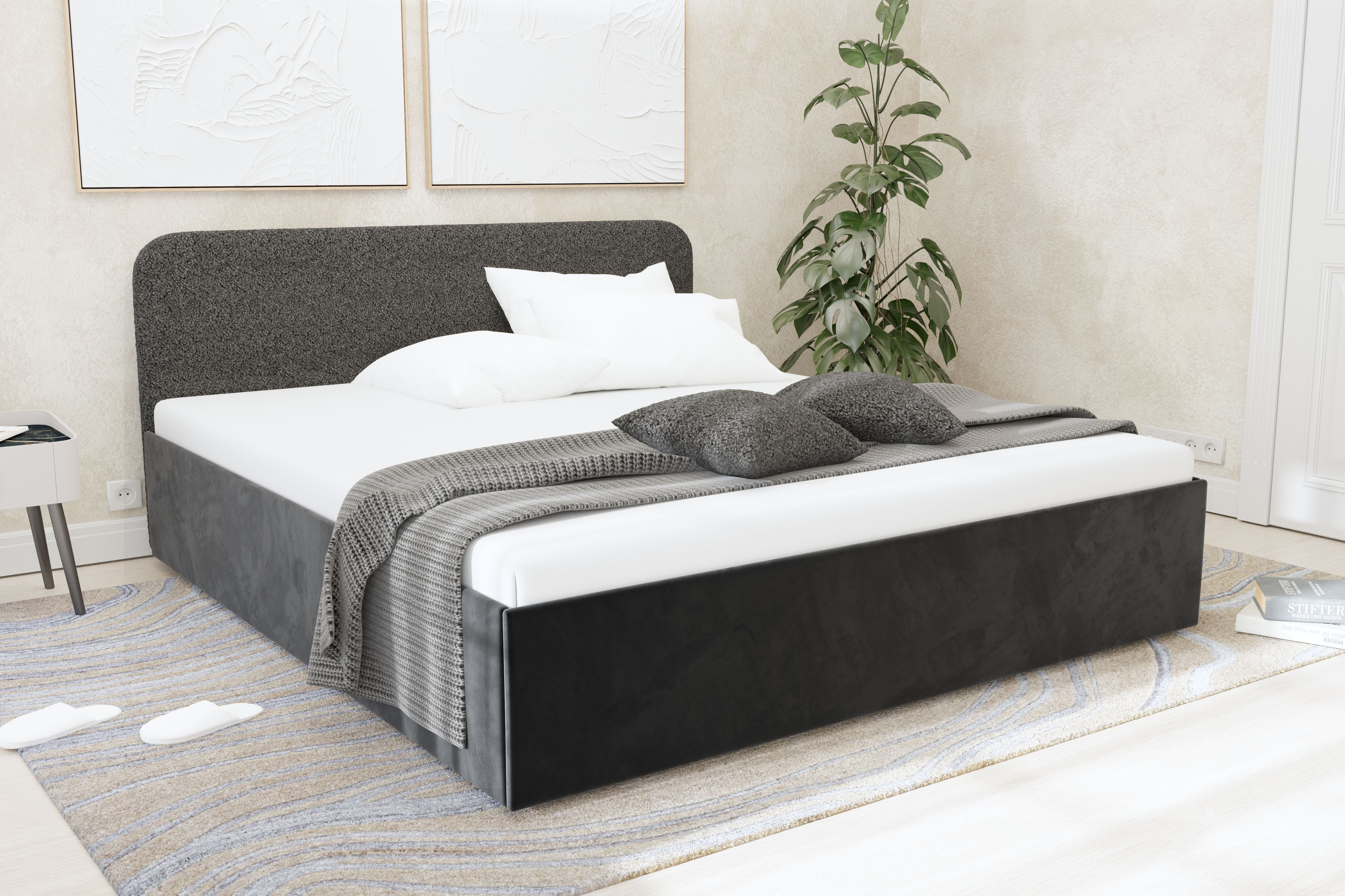 Polsterbett "Shawn", grau (anthrazit), L:210cm, Bezug Kopfteil: Teddy-Stoff: 100% Polyester, Bezug Bettgestell: Microvelours 100% Polyester, Polsterung: Polsterwatte, Material Gestell: gepolsterter Holzwerkstoff, WESTFALIA SCHLAFKOMFORT, Betten,... Image