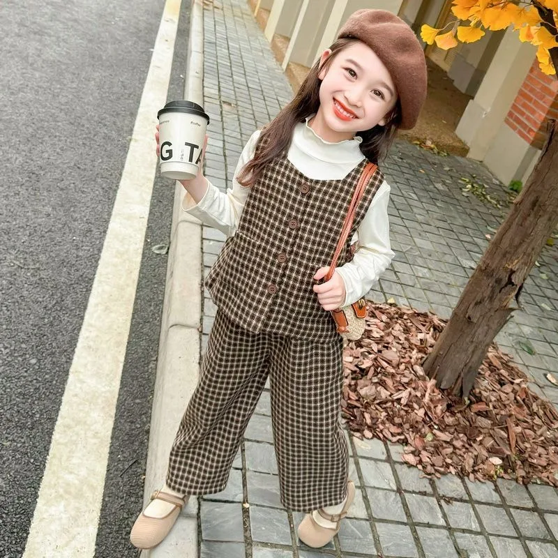 Grille loisirs trois pièces ensemble gilet 6 ans fille vêtements enfants filles coréen vêtements pour enfants 2025 à manches longues deux jupes