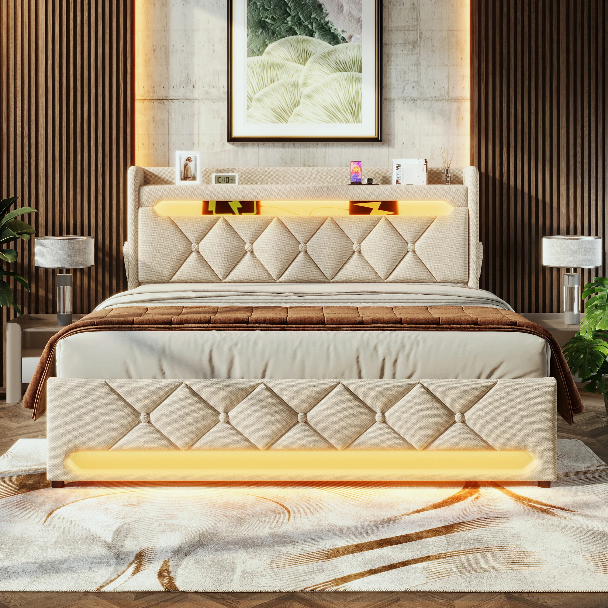 KOMHTOM Doppelbett Leinen, mit USB und Typ C-Port, 360-Surround-LED-Funktion, Hydraulischer Stauraum, ohne Matratze Image