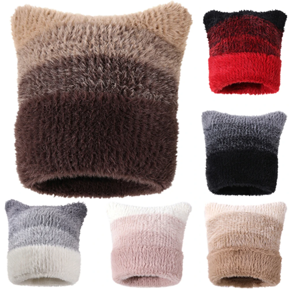 Neuer Stil Farbverlauf Schicker Hut mit Katzenohren Lässige Beanie-Mütze Süße Wintermützen für Frauen Streetwear Warme Fellmützen für Mädchen Geschenk Image
