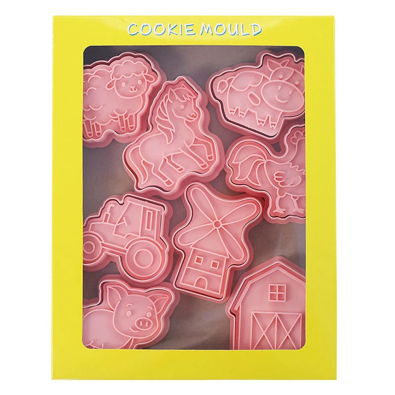 8 Stücke Rosa Bauernhof Tier Keks Form Windmühle Kuh Schwein Hhorse Huhn Und Schaf Cookie Schneiden Form Geeignet Für Geburtstagsfeiern Image