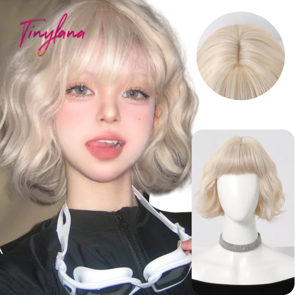 Platinblonde, kurze, gewellte Bob-Synthetik-Perücke mit Pony, flauschige, natürliche, hitzebeständige Faser, Cosplay, tägliche Party-Perücke für Frauen Image