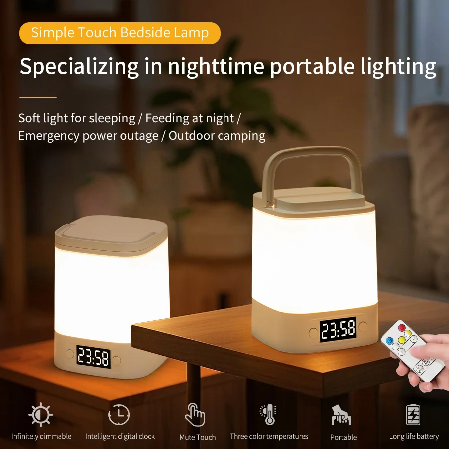 Wiederaufladbare 3-farbige LED-Schreibtischlampe mit Uhrzeitanzeige, Touch-Sensor, dimmbares Nachtlicht, Fernbedienung, Schlafzimmer, Kinderzimmer, Dekoration