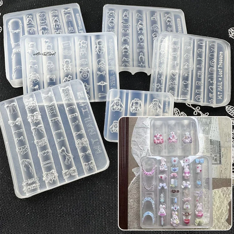 3D Nail Art Bär Kaninchen Silikonform UV Gel Nagellack Stempeln Schablonen Relief Schleife DIY Design Nagel Charms Schnitzform Image