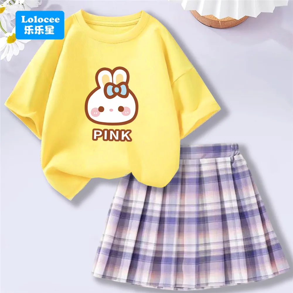 Teenager Studenten Outfits Niedlichen Kaninchen Cartoon Print Sommer T-shirt + Plaid Falten Rock 2 stücke Sets Mädchen Geburtstag Party Geschenk TZPZ1 Image