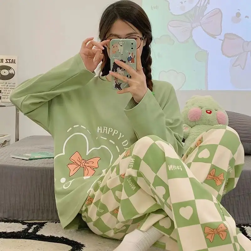 Herbst Neue frauen Pyjamas Lange Ärmeln Dünne Abschnitt von Homewear Mädchen Studenten Plus Größe Cartoon Lose Pyjamas Homewear set Image