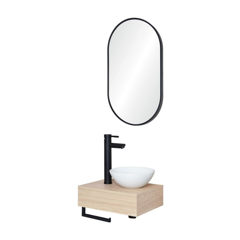 Meuble lave-mains plan épais vasque blanche + robinet + miroir