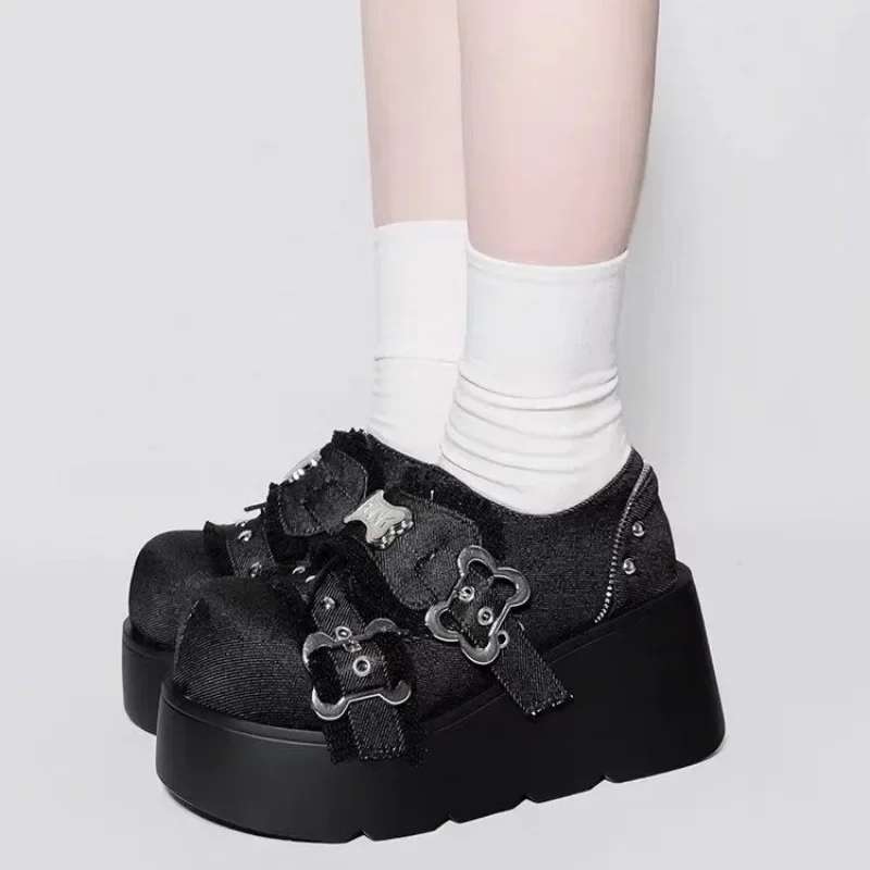 Punk Metall Kette Chunky Plattform Stiefeletten Frauen Winter Y2K Dicken Boden Denim Frau Schwarz Gothic Lolita Schuhe