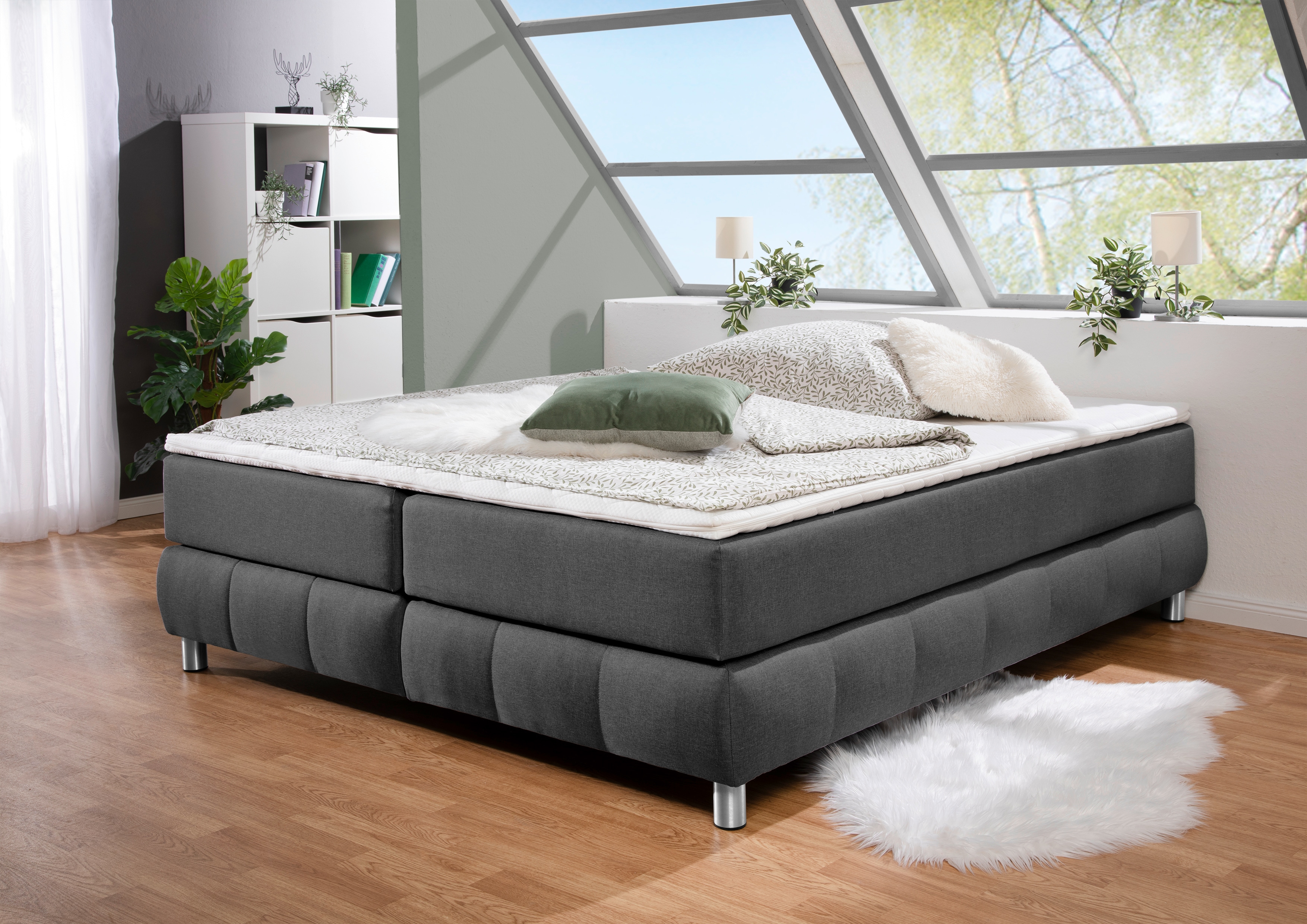 Boxspringbett ANDAS "Salo", grau (anthrazit), B:166cm L:206cm, Komplettbetten, Boxspringbett, Ohne Kopfteil, inkl. Topper, auch in Überlänge 220 cm Image