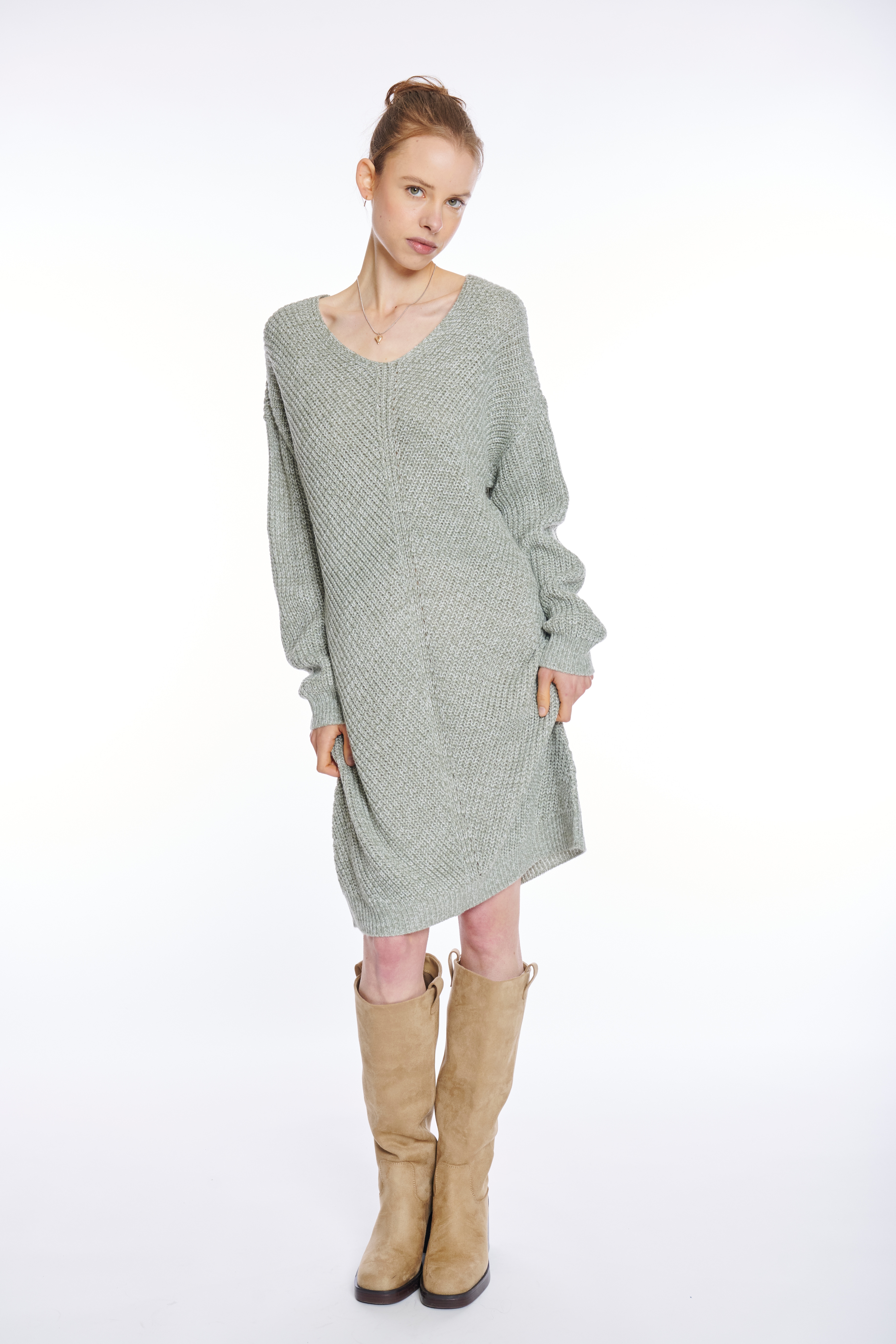 Strickkleid HAILY’S "SH P DR Pi44pa", Damen, Gr. XXL, N-Gr, grün (khaki marl), Rippstrick, Obermaterial: 94% Polyester, 3% Elasthan, 3% Nylon, meliert, oversize kurz, V-Ausschnitt, Kleider Strickkleid