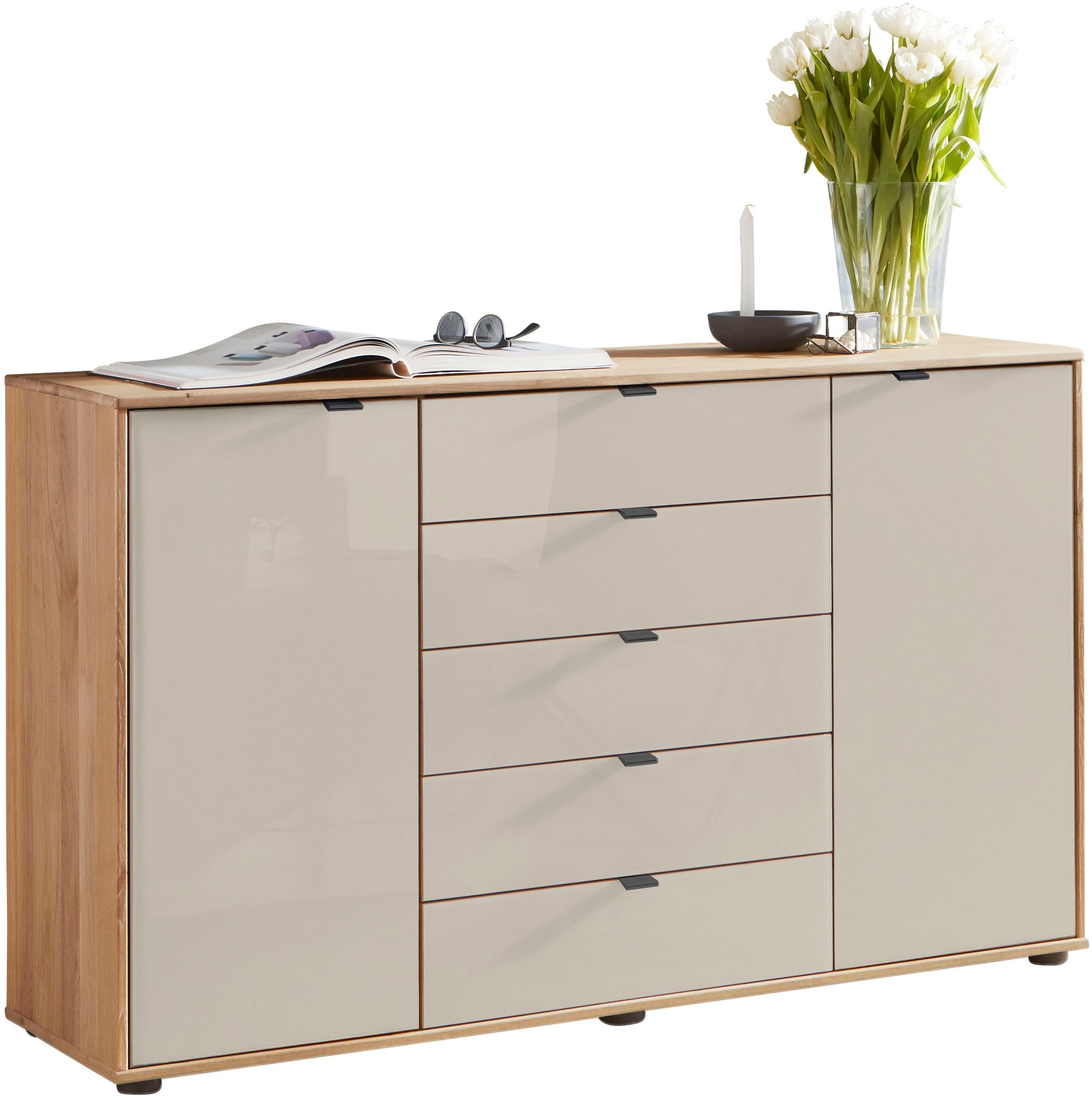 Kombikommode WIEMANN "Cardiff Sideboard, Wäscheschrank, teilmassiv Erle, mit Schubladen", braun, Erle,Front Glas Champagner, Erle, Sideboards, verschiedenen Ausführungen, inklusive Einlegeboden Image