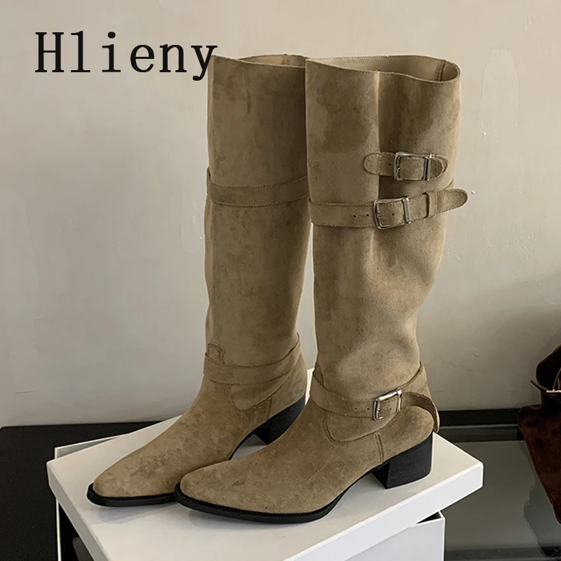 Hlieny 2025, Winter Gürtel Schnalle Spitz Frauen Kniehohe Stiefel Mode Vintage Platz Low Heels Damen Schuhe Zapatos de Mujer