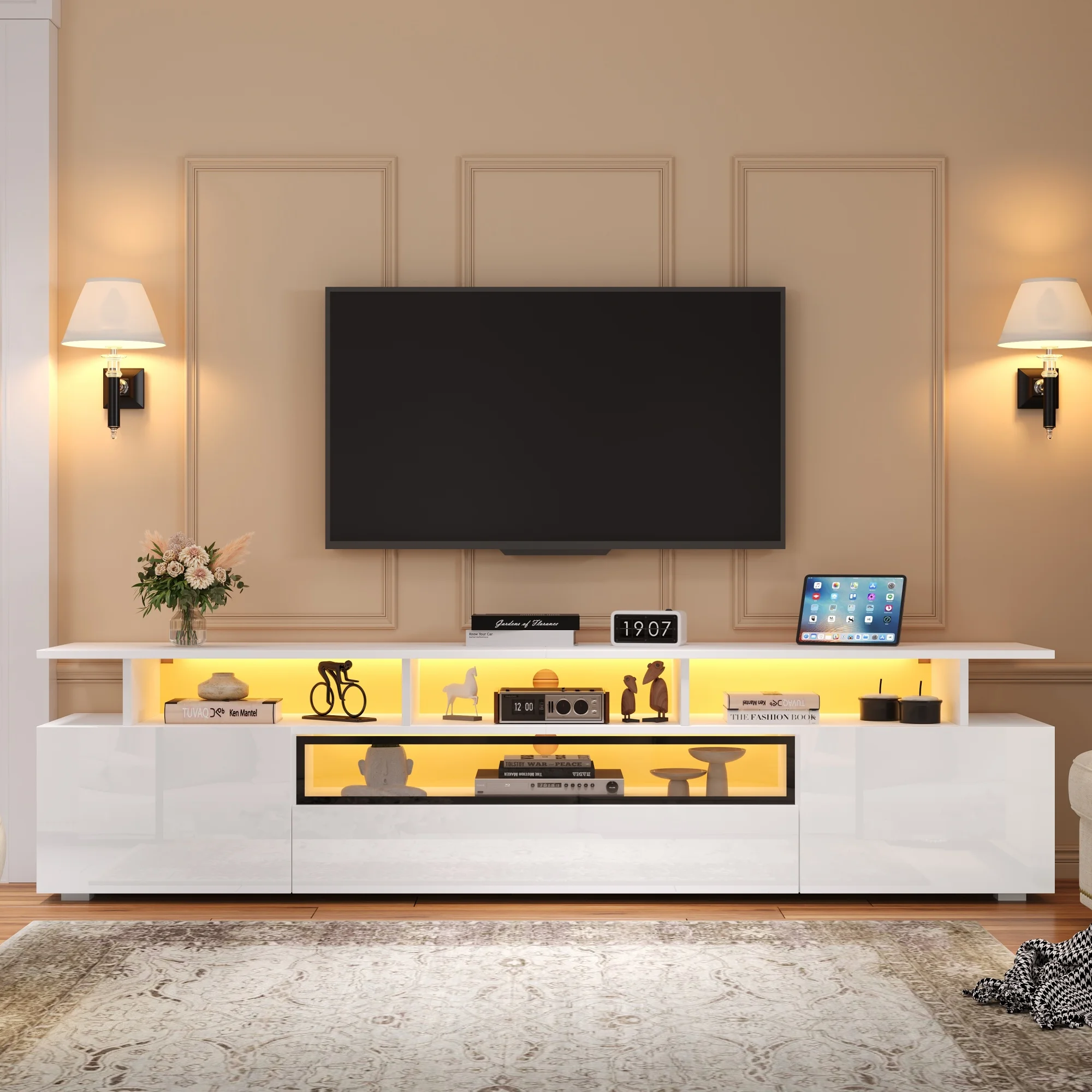 180x38x45cm Hochglanz-TV-Lowboard. Mit LED-Beleuchtung, 2 Schränken, 1 Schublade & 10 Fächern. Passend für Fernseher bis 75 Zoll