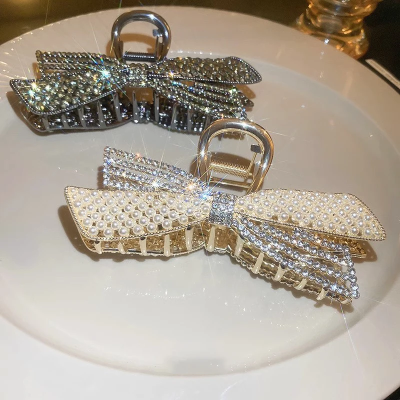 1 Stück Damen-Haarklammern, koreanische Perle, Strass, Schleife, glänzend, elegant, süßes Haar, hochwertiger Metall-Haarschmuck für Mädchen Image