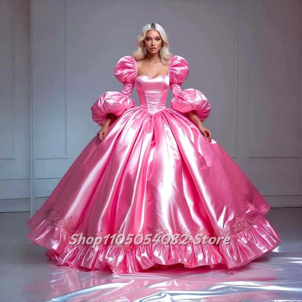 Rosa Luxus-Abschlussballkleid mit quadratischem Ausschnitt, Laternenärmeln, A-Linie, plissiert, bodenlang, viktorianisches, luxuriöses Abendkleid, individuelle Größe
