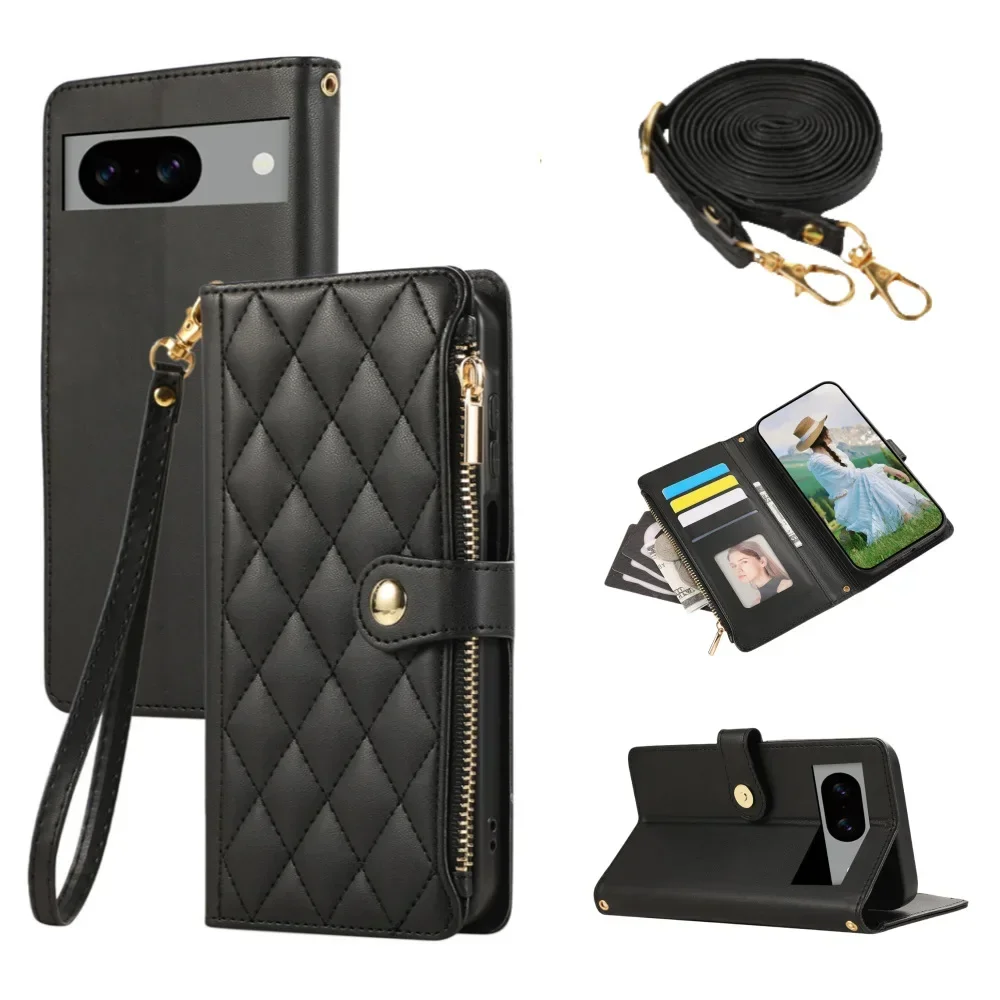 Umhängetasche mit Kartenhalter, Handyhülle für Google Pixel 7, 8, 9, 10, Pro, XL, 7A, 8A, 9A, Handgelenkschlaufe, Leder-Schutzhülle Image