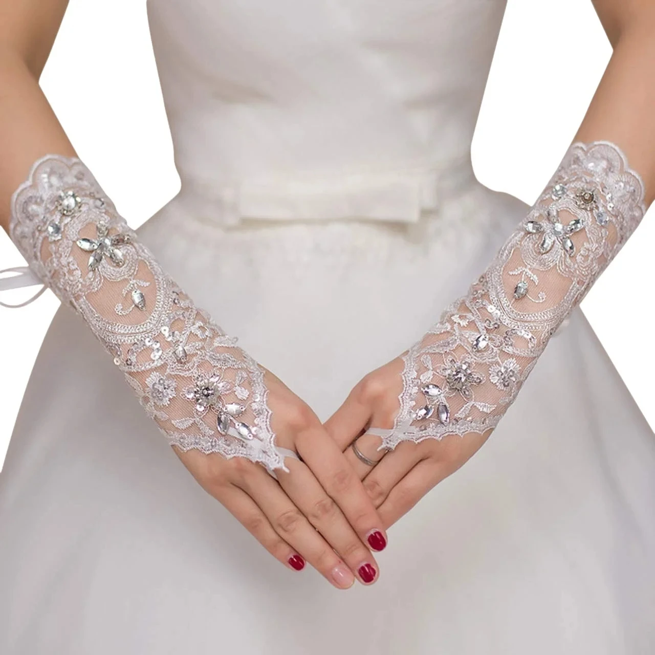Elegante Damen-Handschuhe mit Spitze, Brautschuhe, fingerlos, Kristall-Pailletten, weiße Haken-Finger-Kordelzug-Handschuhe, Hochzeitsaccessoires Image