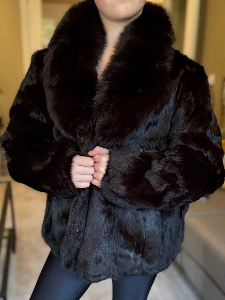 Mode 100% Echt Kaninchen Pelzmantel Mit Luxus Natürlichen Fuchs Pelz Kragen Jacke Echtes Volle Pelt Ganze Kaninchen Pelz Mantel Image