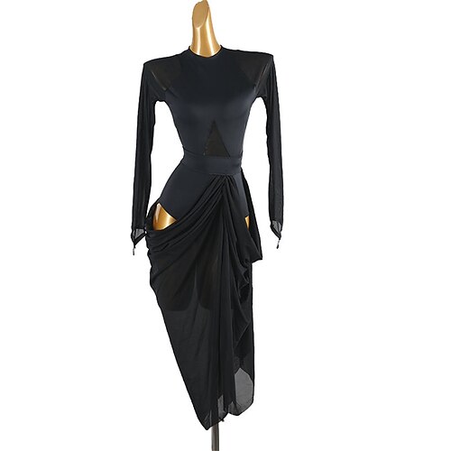 abito da ballo latino da donna blu reale con maniche lunghe, gonna drappeggiata e lati tagliati, ideale per salsa, rumba e abbigliamento da spettacolo
