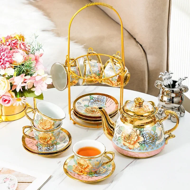 14 piece set Household European Tea Set Ceramic Coffee Cup Set Flower Tea English Afternoon Tea Floral Coffee Pot Cup and Saucer