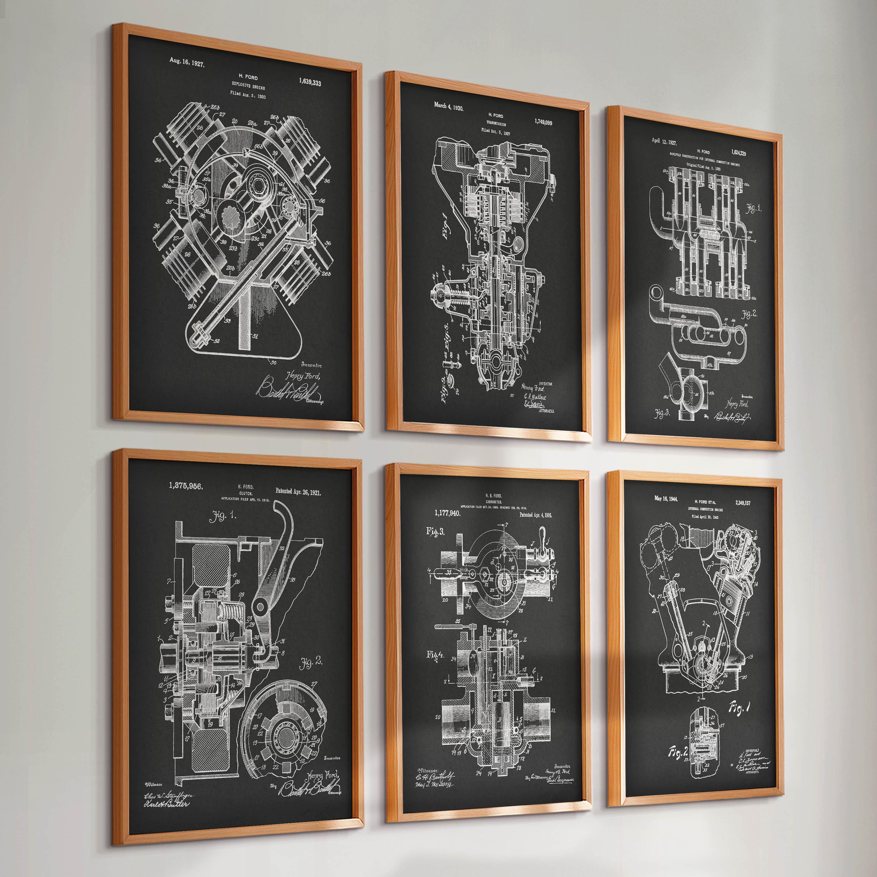 Set di 6 stampe di brevetti di Henry Ford, progetti di trasporto, brevetti di motori di automobili, brevetti di carburatori, brevetti di trasmissioni,