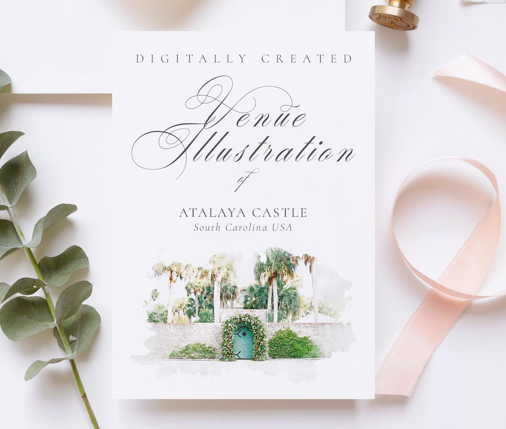 File di illustrazione della location per matrimoni del Castello di Atalaya, Carolina del Sud, USA - creato con pennelli per acquerelli digitali scaric