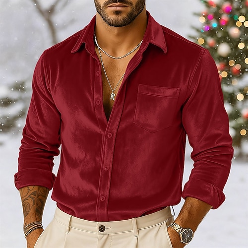 Herren Hemd Freizeithemd Weihnachts-Shirt Samthemd Wein Königliches Blau Braun Grün Langarm Einfarbig Einfach Hemdkragen Karneval Weihnachten Tasche Bekleidung Samt Weihnachten Elegant Warm Aktiv Image
