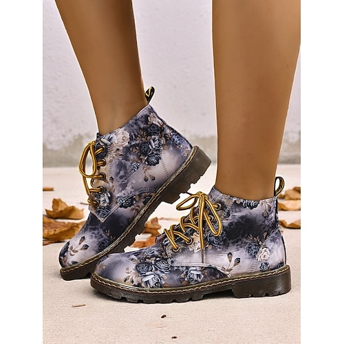 Damen-Stiefeletten mit Blumenmuster und rutschfester Sohle, lässige Schuhe im Combat-Stil mit Vintage-Print für bequemes Gehen im Freien Alltagskleidung Image