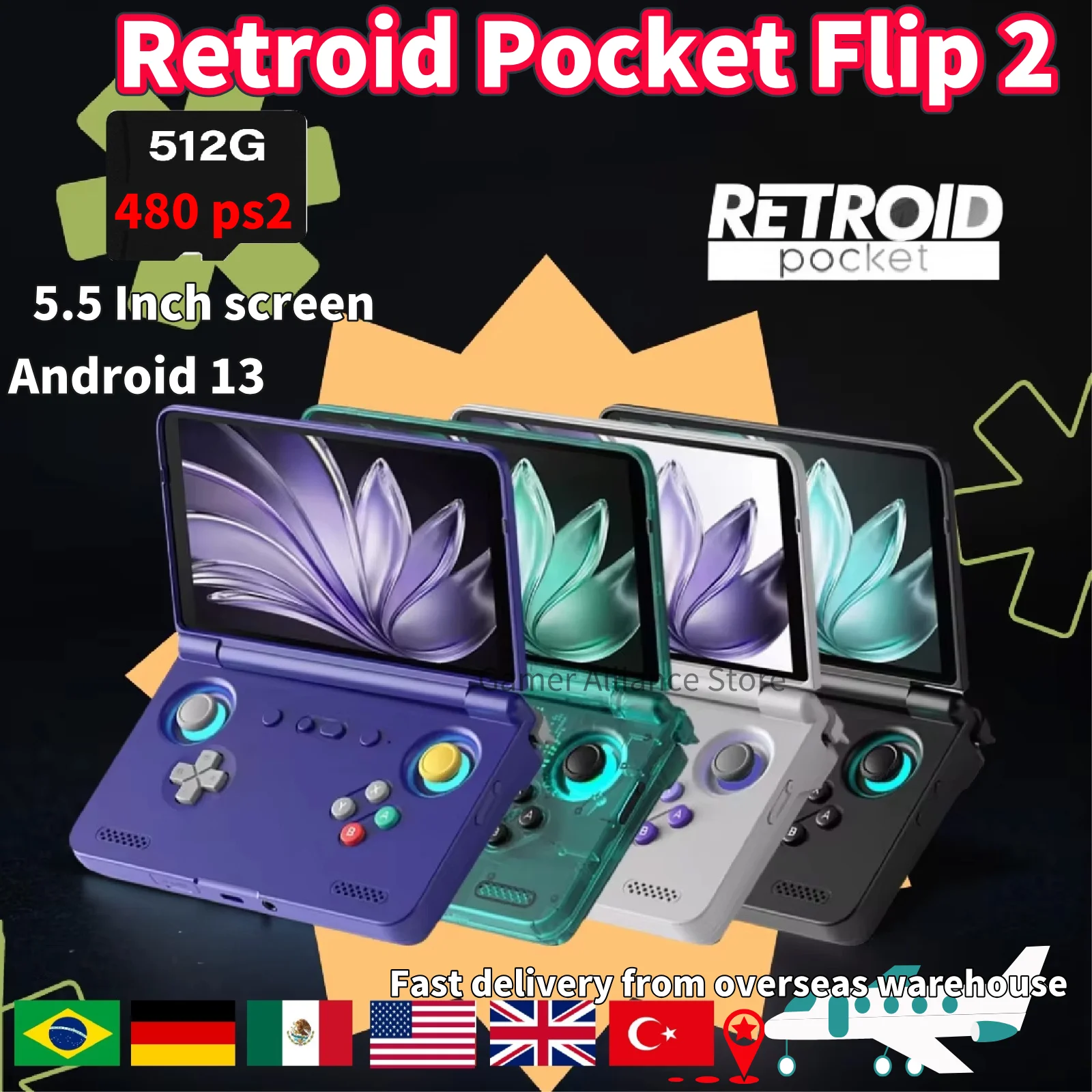 Retroid Pocket Flip 2 Console de jeu vidéo rétro Console de jeu portable rétro 5.5 pouces AMOLED écran PSP PS2 Android13 RPFlip2 cadeau